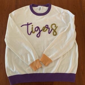 XL Queen of Sparkles Tigers Purple Gold LSU Sweater Script READ Small Stain